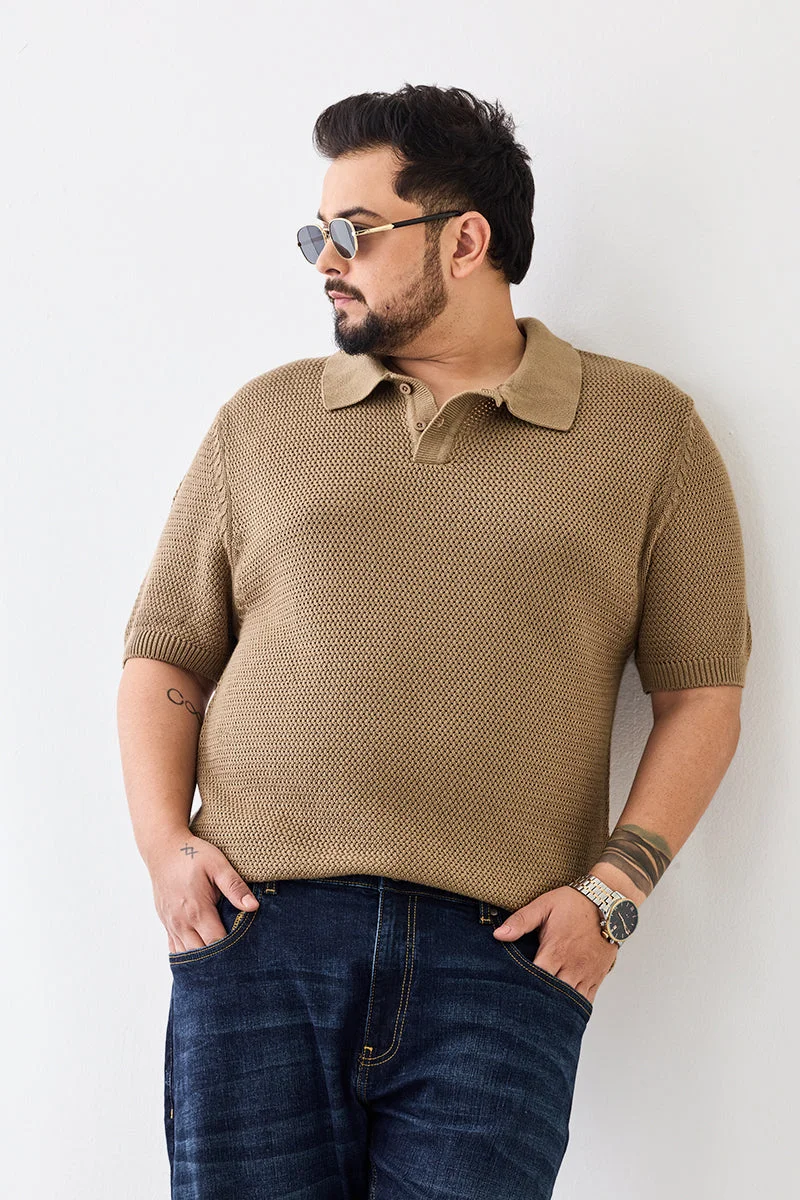 سنيتش Crochet Knit Plus Size Polo T-Shirt